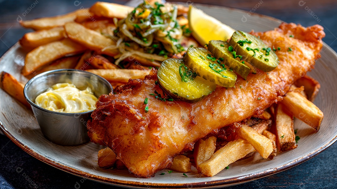 A imagem mostra um prato de Fish and Chips, um prato tradicional britânico.