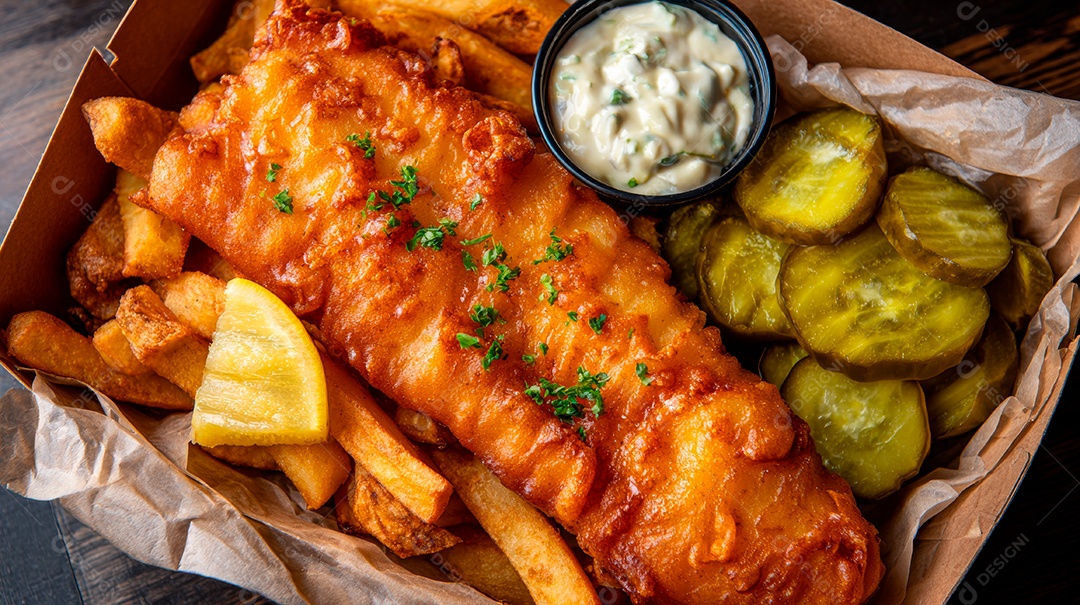 A imagem mostra um prato de Fish and Chips, um prato tradicional britânico.