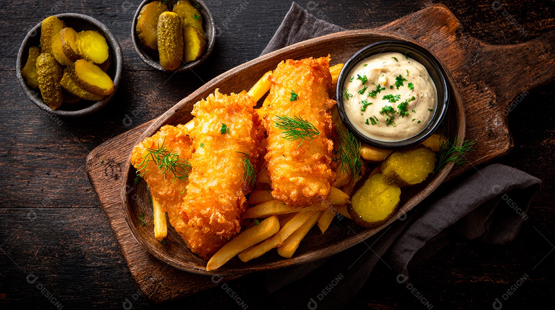 A imagem mostra um prato de Fish and Chips, um prato tradicional britânico.