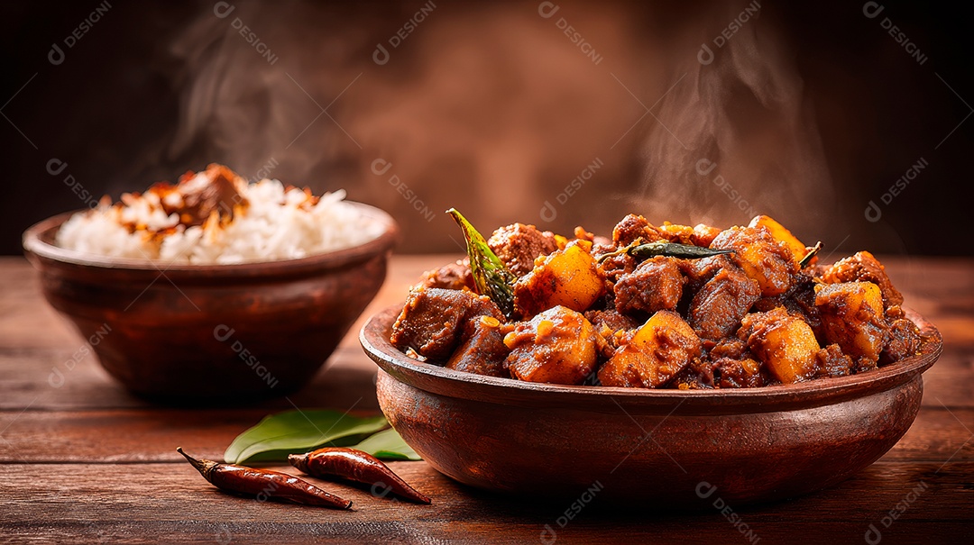 A imagem mostra um prato que pode ser identificado como Kappa Biriyani ou Chicken Perattu.