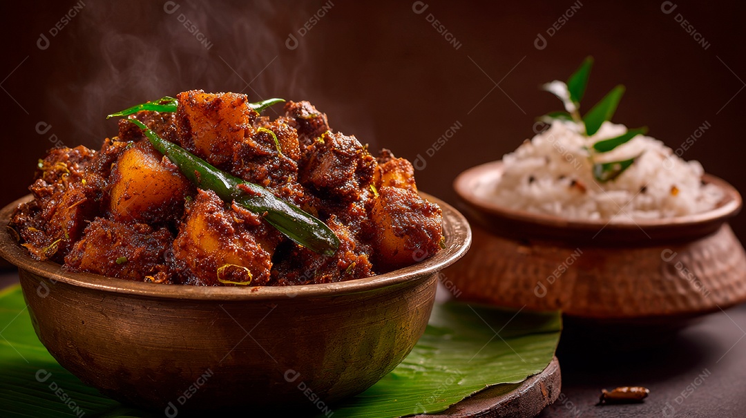 A imagem mostra um prato que pode ser identificado como Kappa Biriyani ou Chicken Perattu.