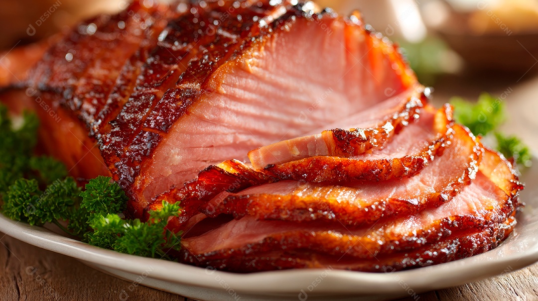 A imagem mostra um Tender, que é um tipo de presunto de pernil de porco defumado e cozido.