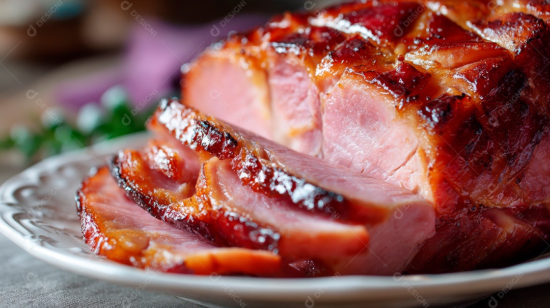 A imagem mostra um Tender, que é um tipo de presunto de pernil de porco defumado e cozido.