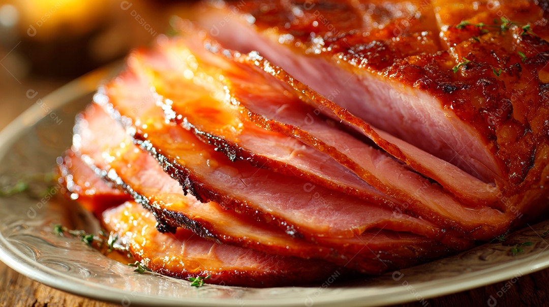 A imagem mostra um Tender, que é um tipo de presunto de pernil de porco defumado e cozido.