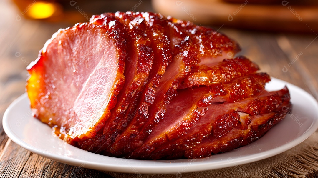 A imagem mostra um Tender, que é um tipo de presunto de pernil de porco defumado e cozido.