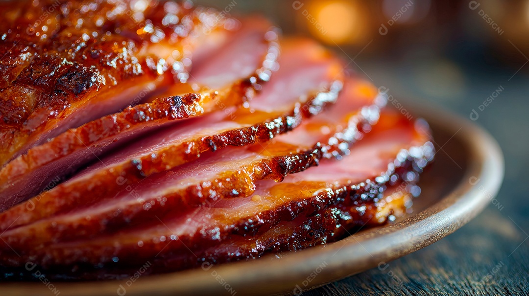 A imagem mostra um presunto glaceado (também conhecido como tender no Brasil).