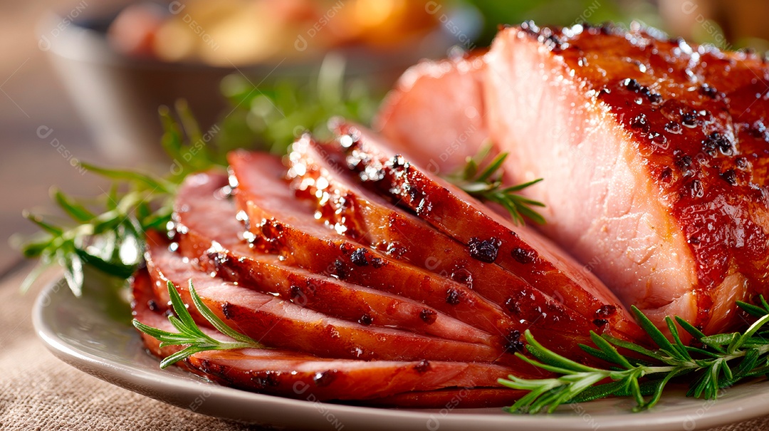 A imagem mostra um presunto glaceado (também conhecido como tender no Brasil).