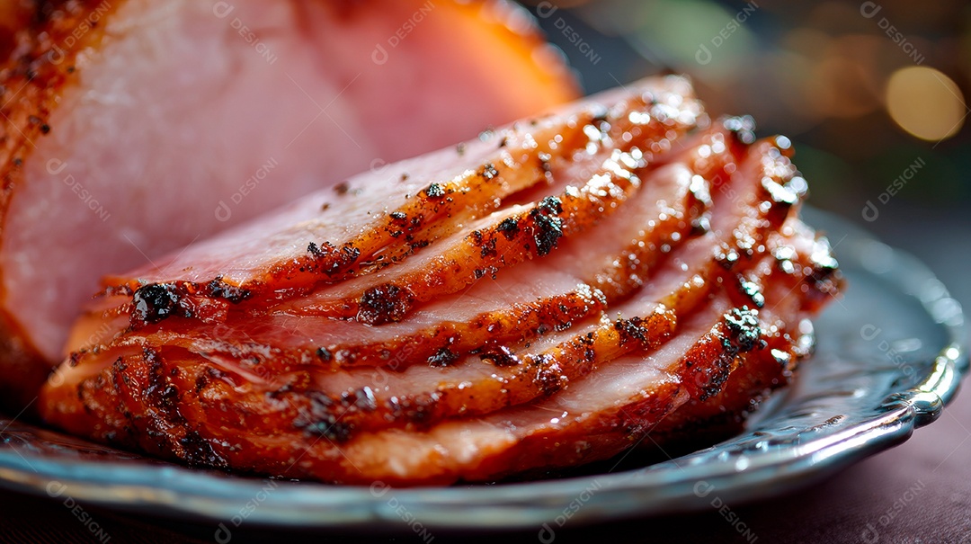A imagem mostra um presunto glaceado (também conhecido como tender no Brasil).
