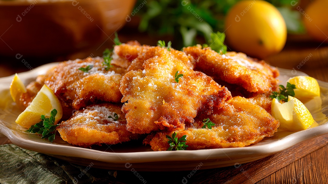 A imagem mostra um prato com peixe empanado frito, possivelmente bife à milanesa de peixe.