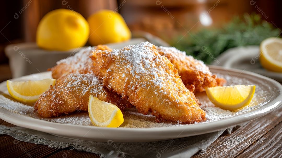 A imagem mostra um prato com peixe empanado frito, possivelmente bife à milanesa de peixe.