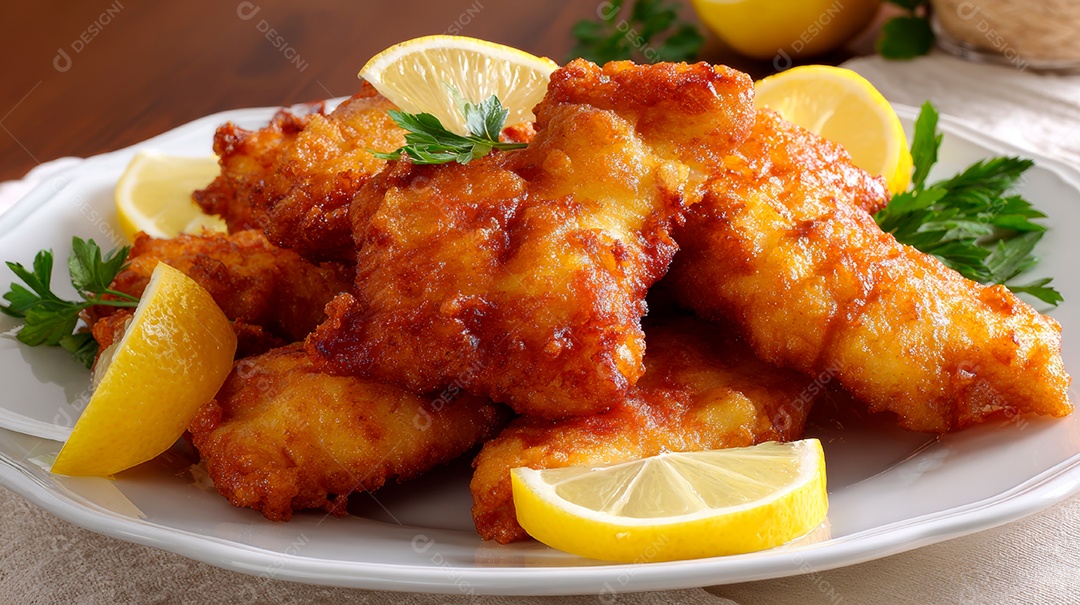 A imagem mostra um prato tradicional austríaco conhecido como Backhendl ou Wiener Backhendl..