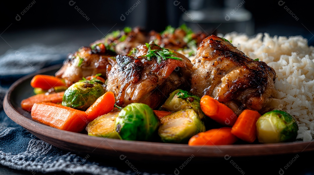 A imagem mostra sobrecoxas de frango assadas, provavelmente com um molho adocicado ou agridoce.