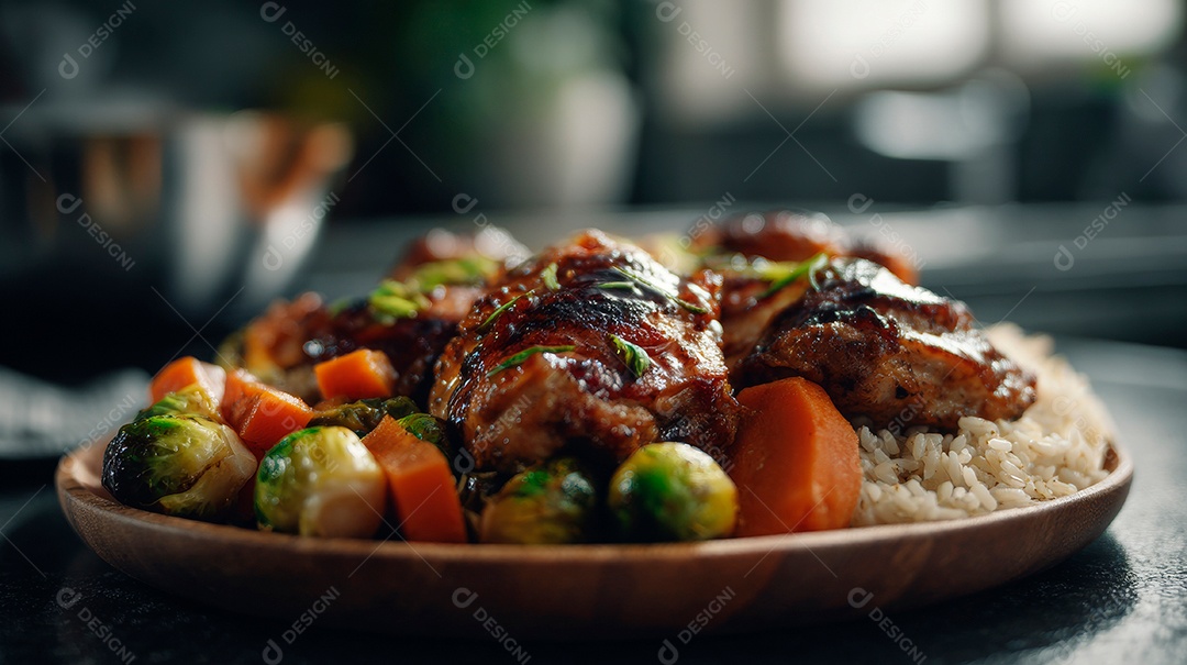 A imagem mostra sobrecoxas de frango assadas, provavelmente com um molho adocicado ou agridoce.