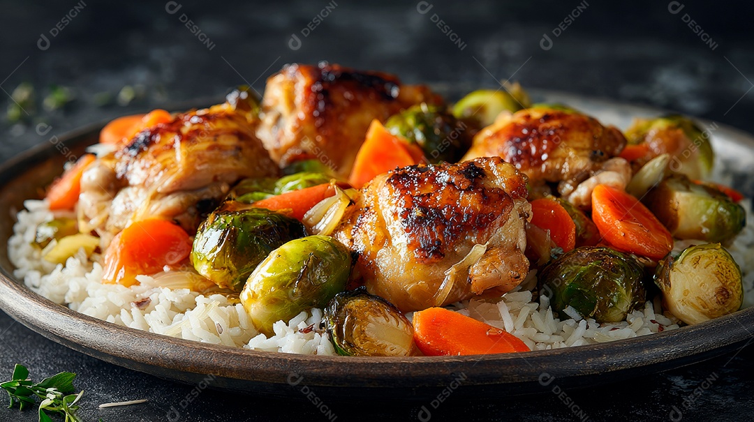 A imagem mostra sobrecoxas de frango assadas, provavelmente com um molho adocicado ou agridoce.