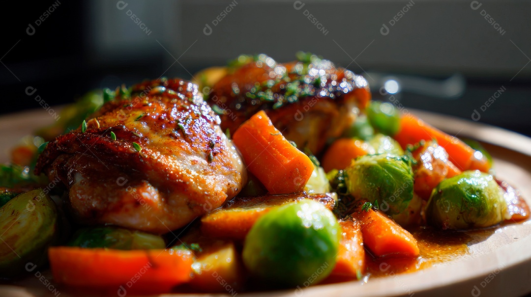 A imagem mostra sobrecoxas de frango assadas, provavelmente com um molho adocicado ou agridoce.