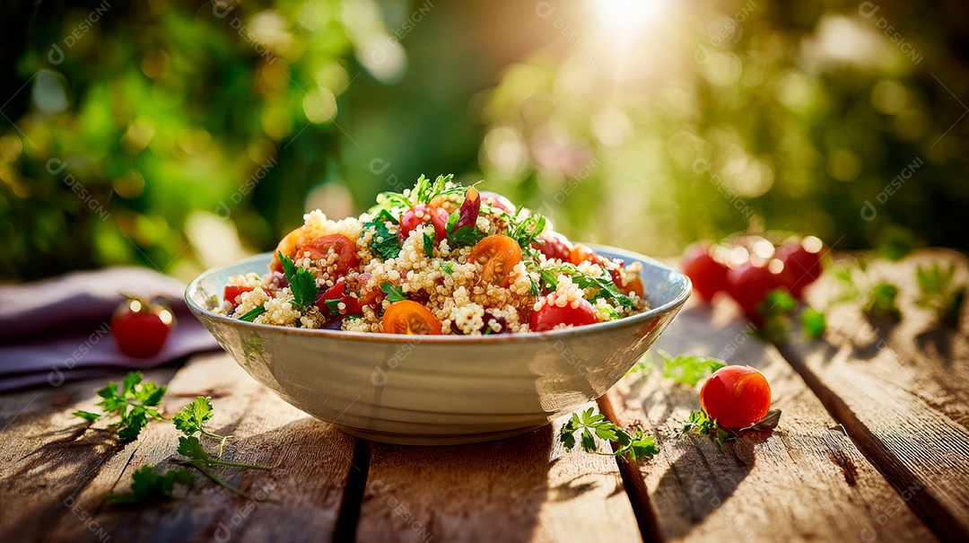 A imagem mostra uma salada de cuscuz marroquino, um prato versátil e refrescante.