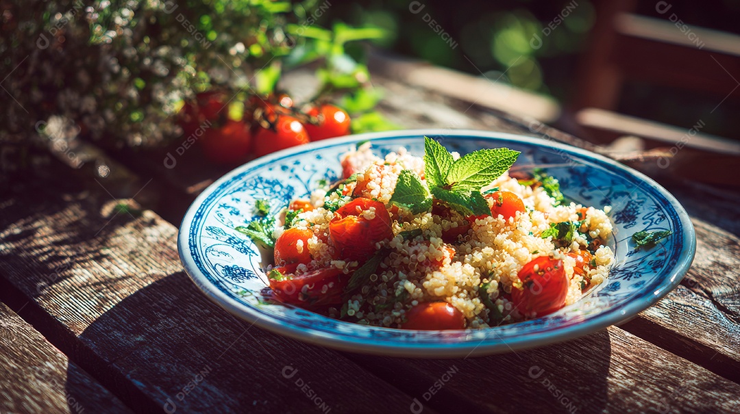 A imagem mostra uma salada de cuscuz marroquino, um prato versátil e refrescante.