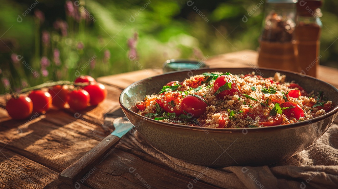 A imagem mostra uma salada de cuscuz marroquino, um prato versátil e refrescante.