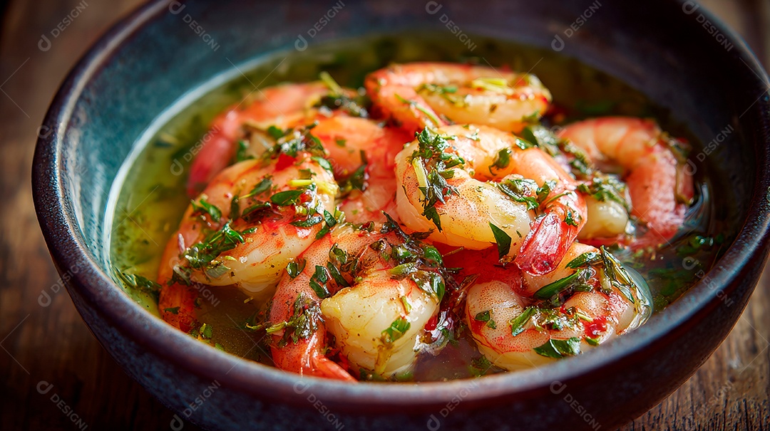 A imagem mostra Camarão ao Alho e Limão Siciliano, um prato de camarão.