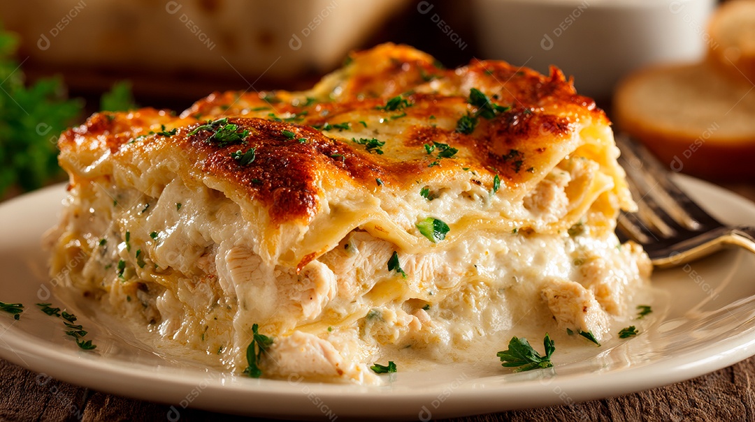 A imagem mostra uma lasanha de frango com molho branco.