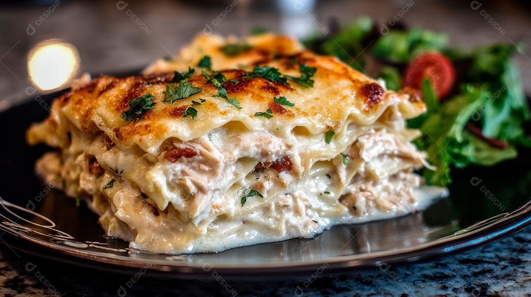A imagem mostra uma lasanha de frango com molho branco.