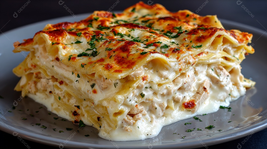 A imagem mostra uma lasanha de frango com molho branco.