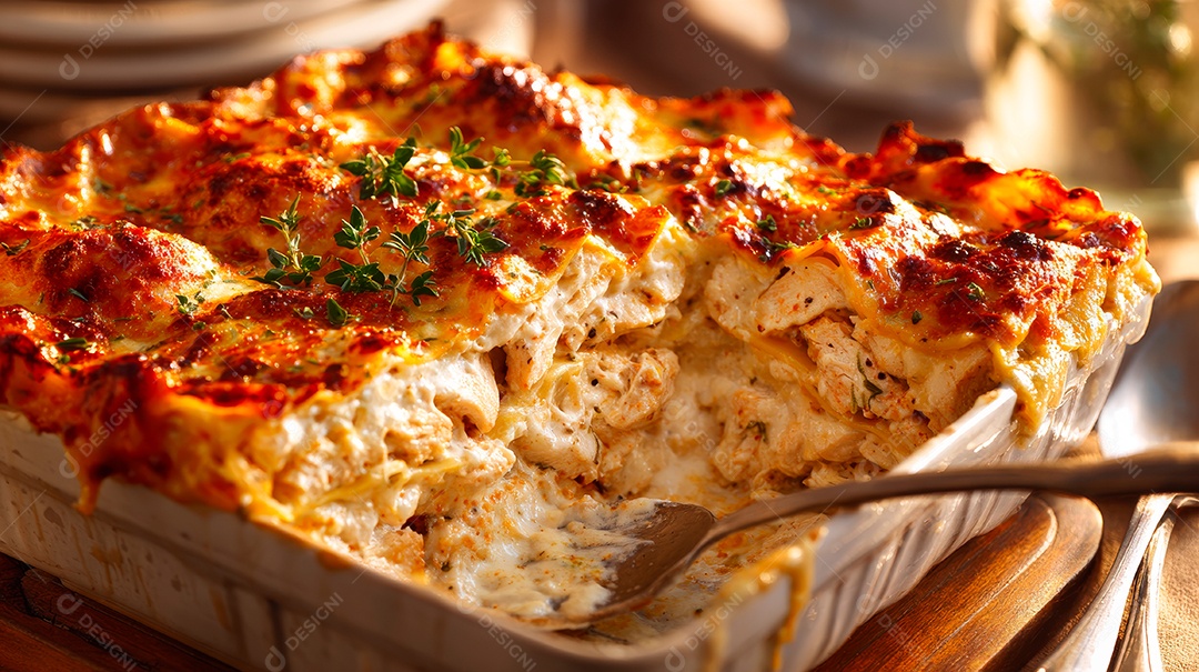 A imagem mostra uma lasanha de frango com molho branco.
