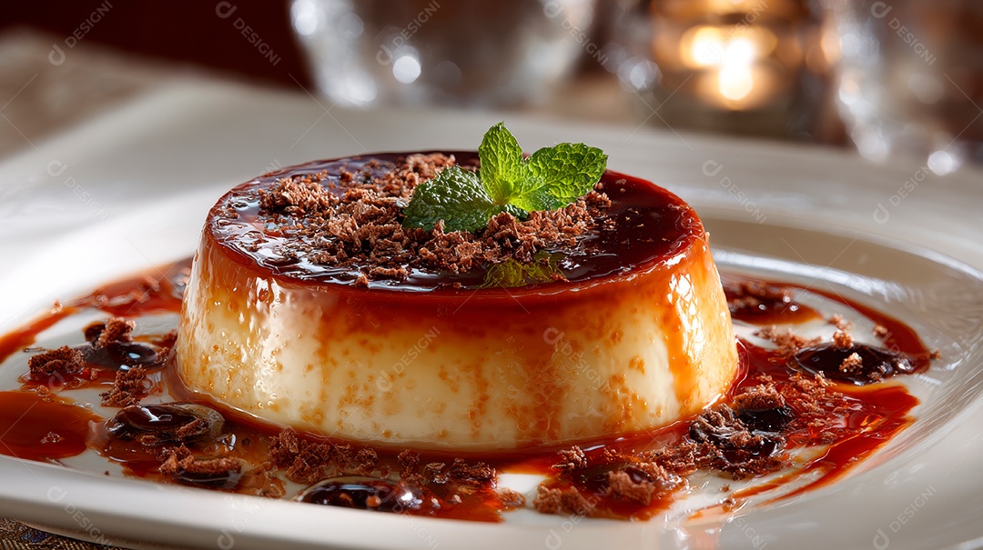A imagem mostra um flan, uma sobremesa popular feita com creme de ovos e calda de caramelo, semelhante ao pudim de leite.