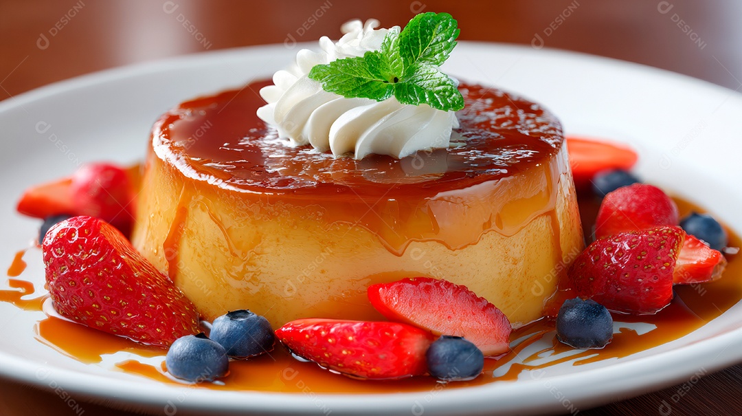 A imagem mostra um flan, uma sobremesa popular feita com creme de ovos e calda de caramelo, semelhante ao pudim de leite.