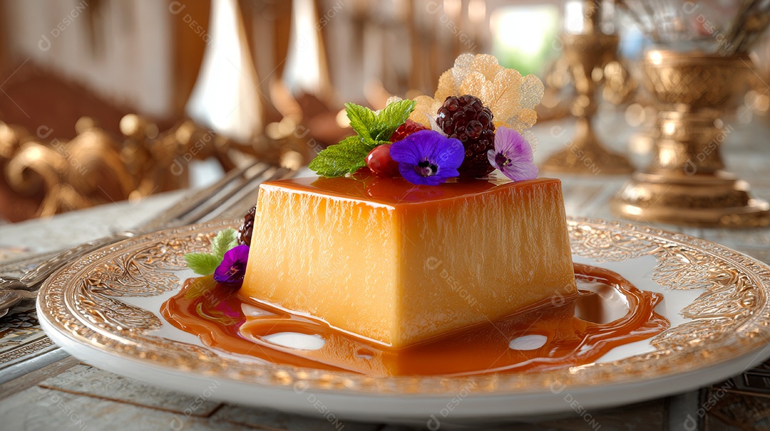 A imagem mostra um flan, uma sobremesa popular feita com creme de ovos e calda de caramelo, semelhante ao pudim de leite.