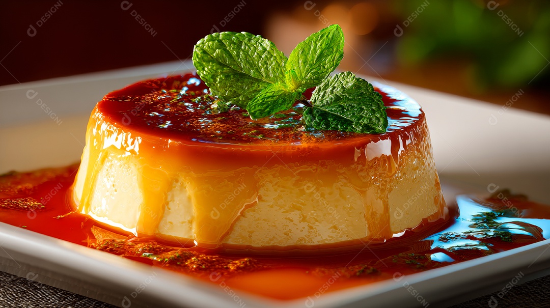 A imagem mostra um flan, uma sobremesa popular feita com creme de ovos e calda de caramelo, semelhante ao pudim de leite.