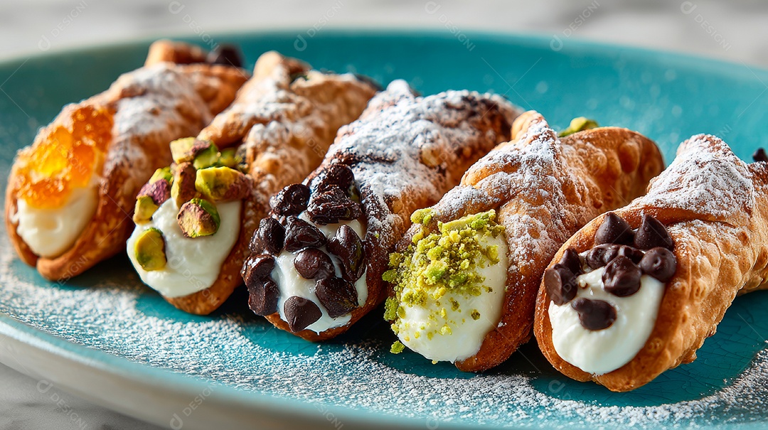 A imagem mostra Cannoli, uma sobremesa italiana tradicional da Sicília..