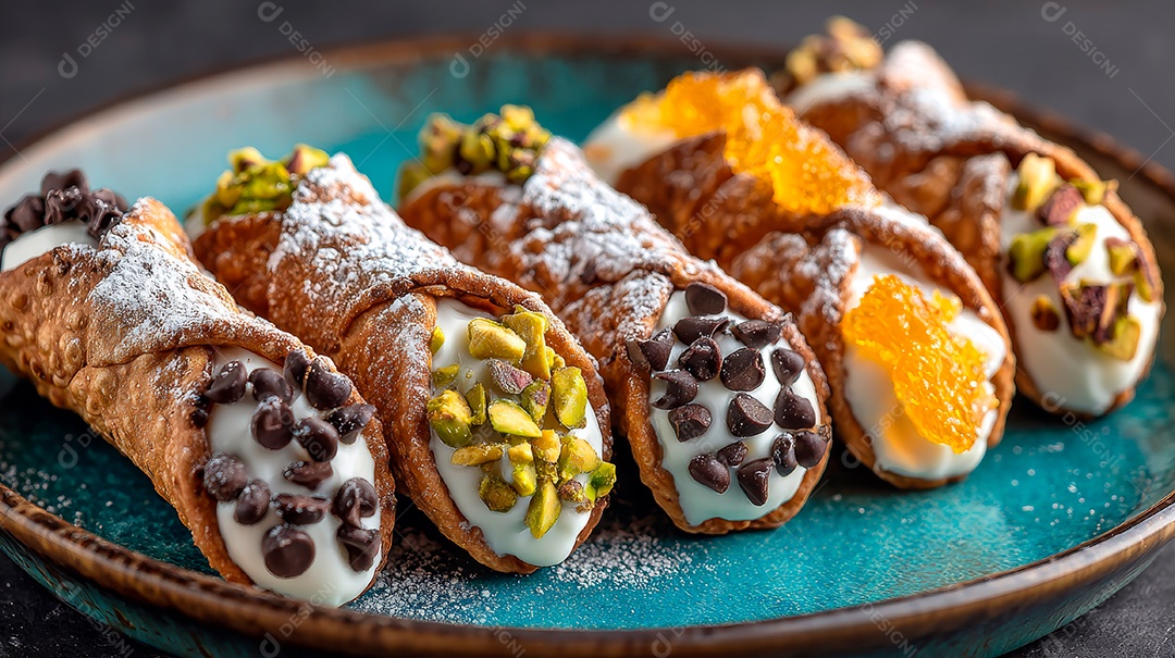 A imagem mostra Cannoli, uma sobremesa italiana tradicional da Sicília..