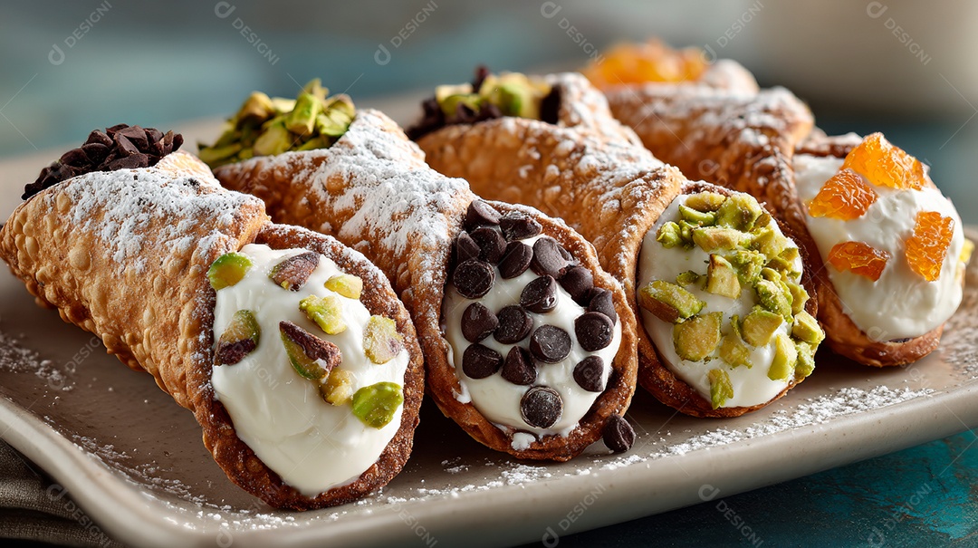 A imagem mostra Cannoli, uma sobremesa italiana tradicional da Sicília..