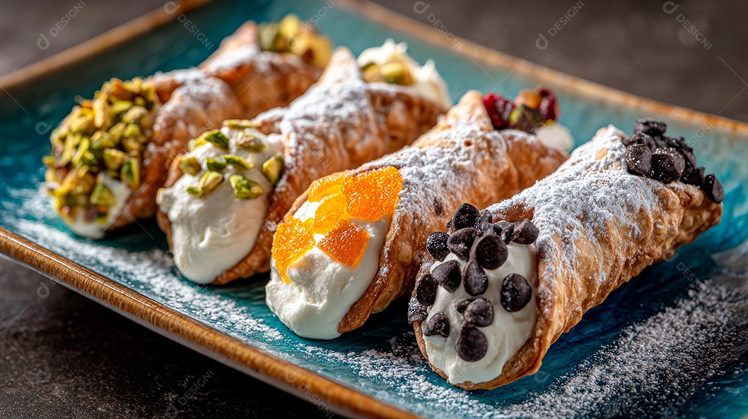 A imagem mostra Cannoli, uma sobremesa italiana tradicional da Sicília..