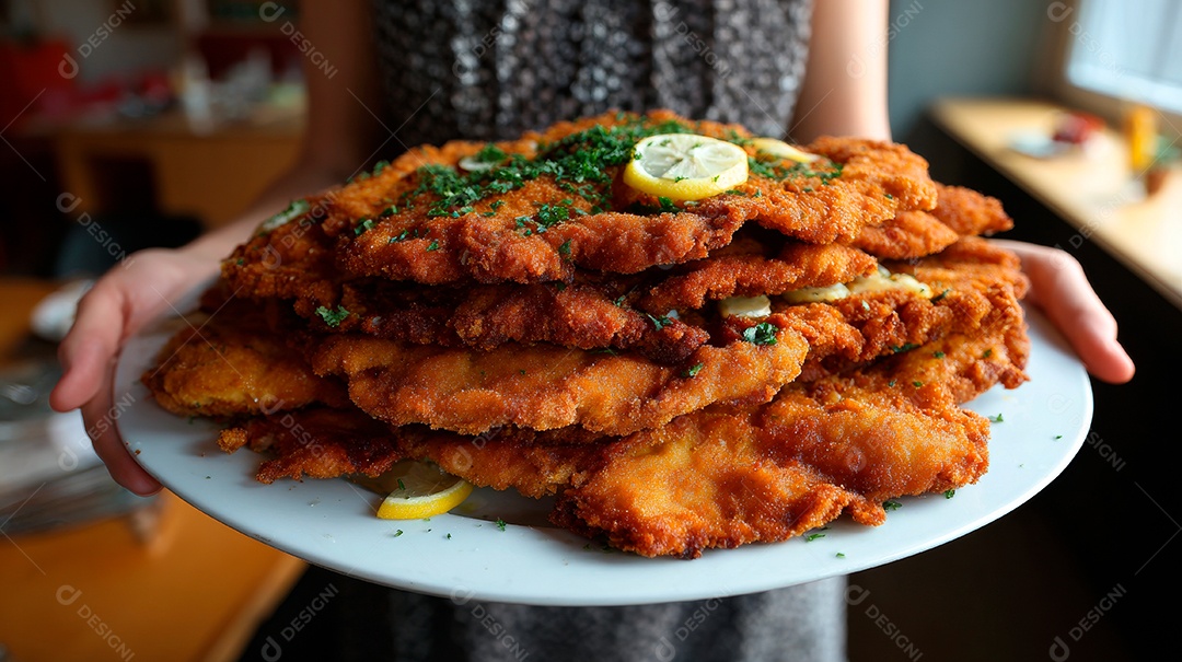 A imagem mostra um bife à milanesa, um prato popular que consiste em um bife empanado e frito..