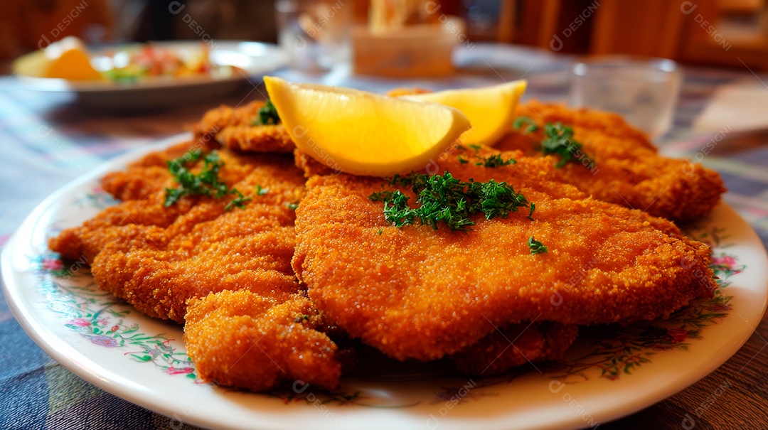 A imagem mostra um bife à milanesa, um prato popular que consiste em um bife empanado e frito..