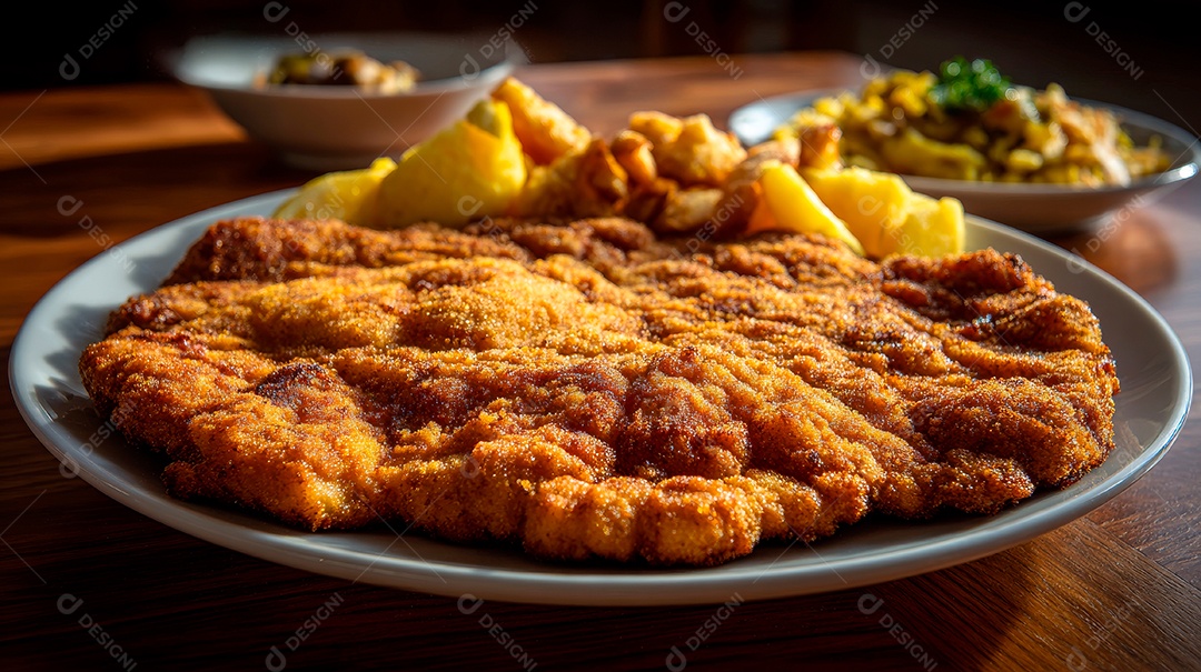 A imagem mostra um bife à milanesa, um prato popular que consiste em um bife empanado e frito..