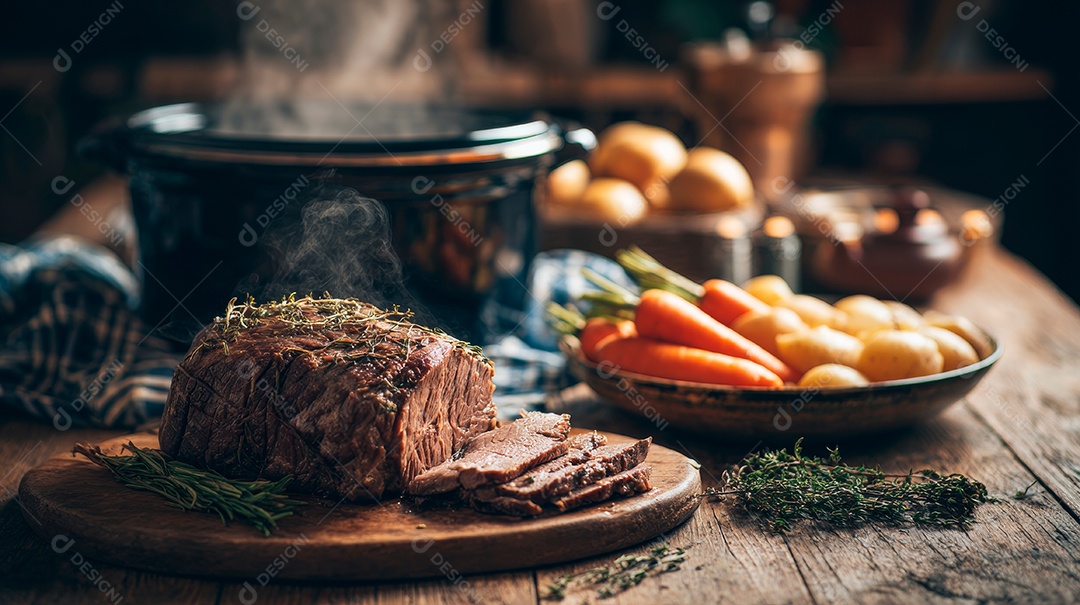 A imagem mostra um prato de rosbife, uma preparação tradicional da culinária britânica..