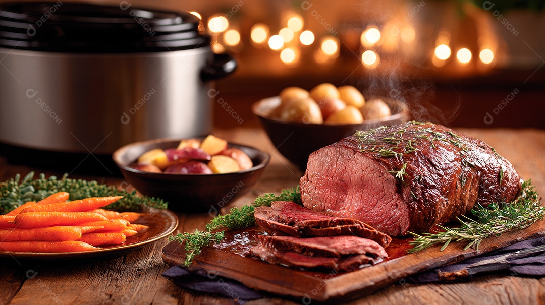 A imagem mostra um prato de rosbife, uma preparação tradicional da culinária britânica..