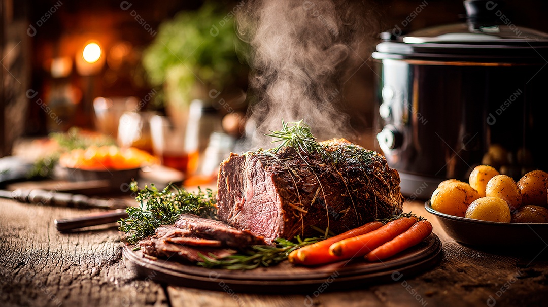 A imagem mostra um prato de rosbife, uma preparação tradicional da culinária britânica..