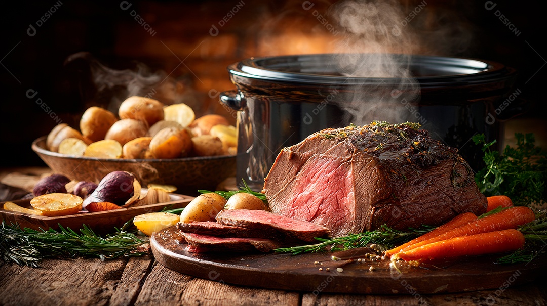 A imagem mostra um prato de rosbife, uma preparação tradicional da culinária britânica..