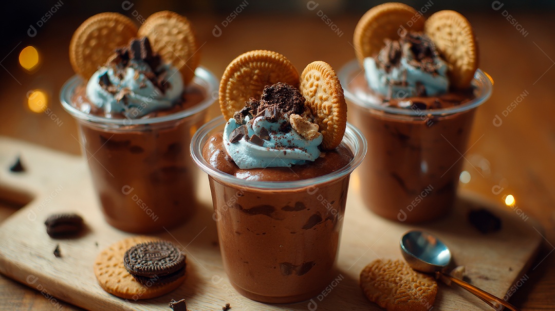 A imagem mostra porções individuais de mousse de Oreo, uma sobremesa popular e fácil de preparar..