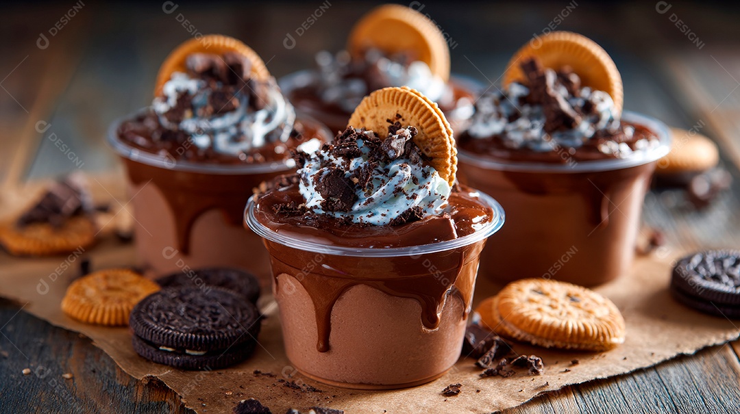 A imagem mostra porções individuais de mousse de Oreo, uma sobremesa popular e fácil de preparar..