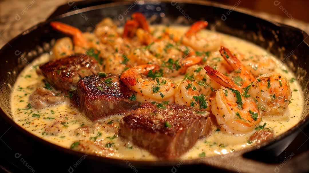 A imagem mostra um prato de Camarão Scampi..