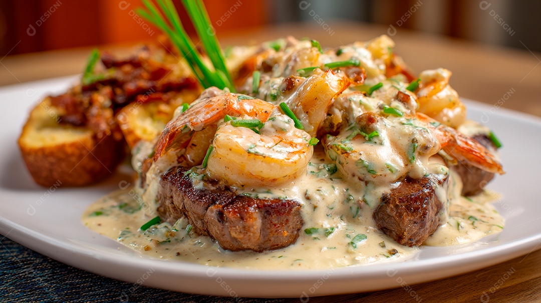 A imagem mostra um prato de Camarão Scampi..