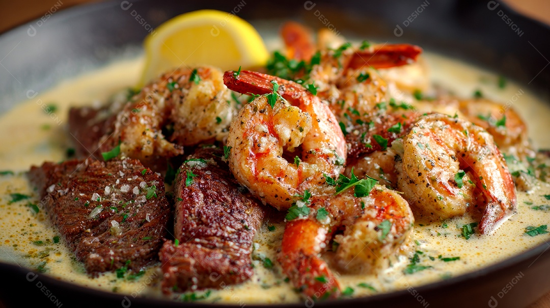 A imagem mostra um prato de Camarão Scampi..