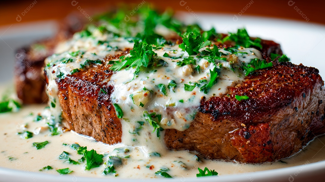 A imagem mostra um bife com molho cremoso de alho e salsinha..