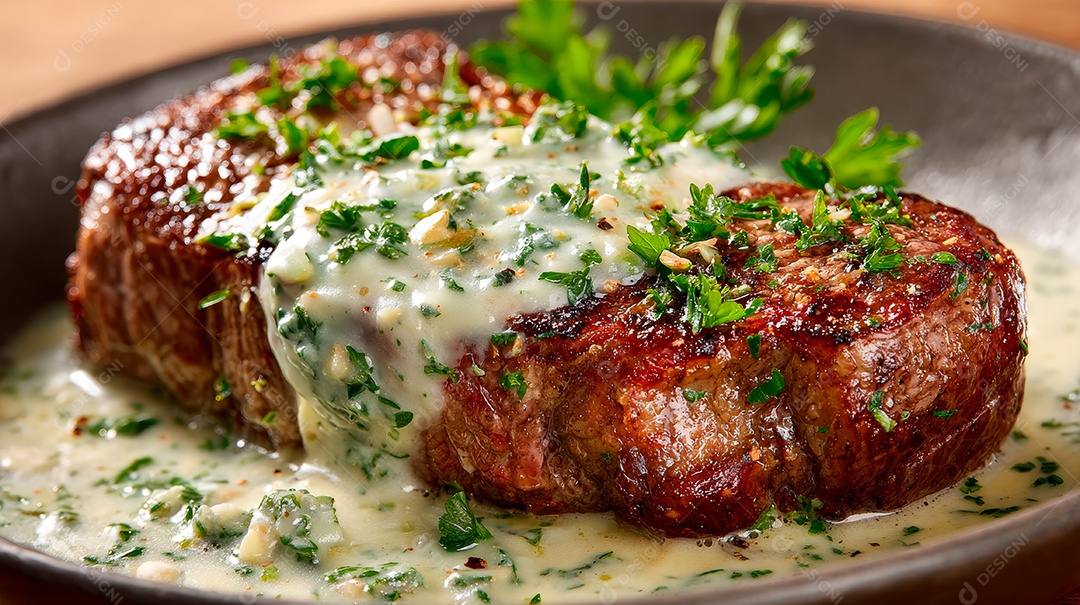 A imagem mostra um bife com molho cremoso de alho e salsinha..