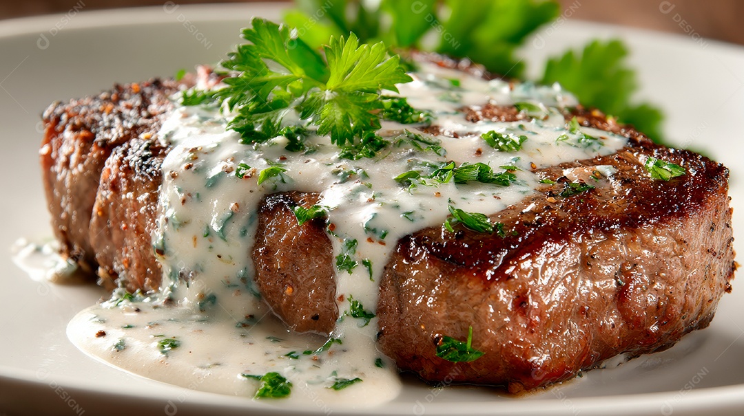 A imagem mostra um bife com molho cremoso de alho e salsinha..